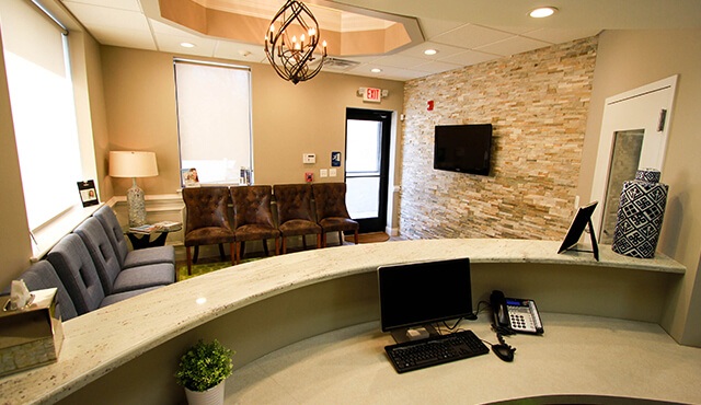 reception desk overlooking patient waiting area