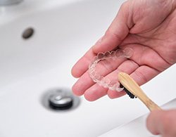 Person cleaning their Invisalign with a toothbrush