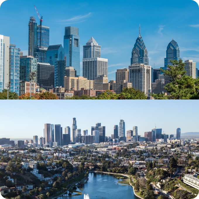Philadelphia and Los Angeles skylines