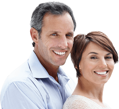 Man and woman smiling in front of a white background
